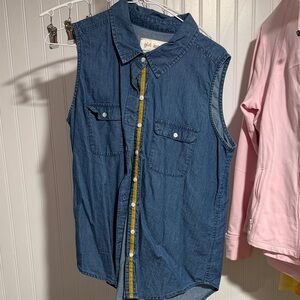 girl krazy Sleeveless Denim Button-Up Top with Yellow Trim